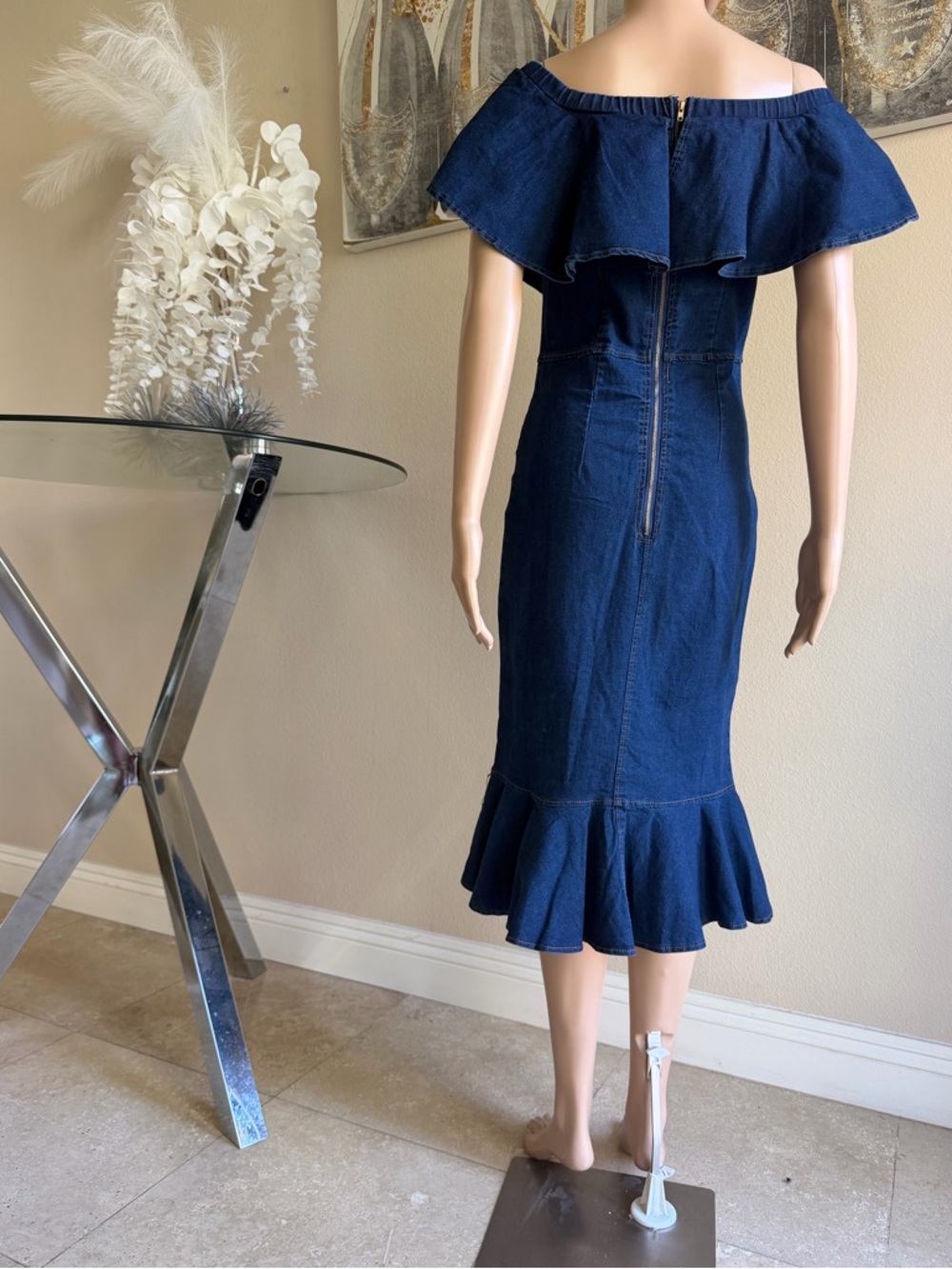 Off-Shoulder Ruffle Denim Midi Dress - Navy - Picture 5 of 6